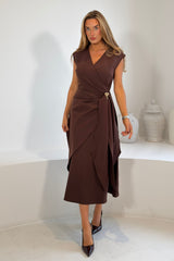 Annette Gold Buckle wrapy  Midi Dress Brown