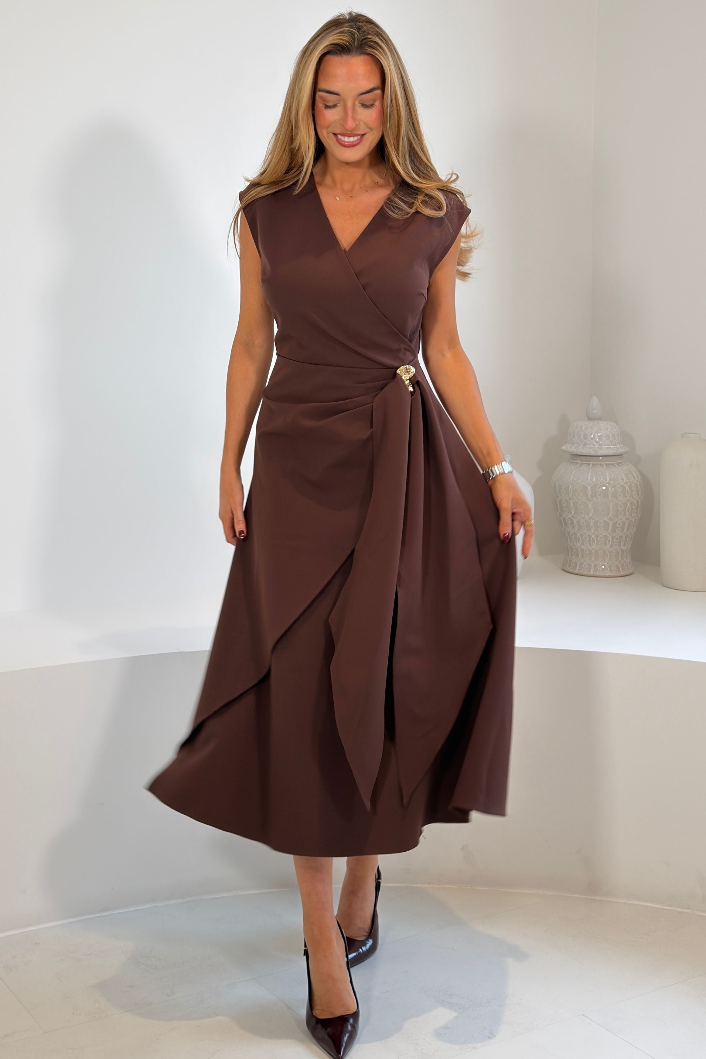 Annette Gold Buckle wrapy  Midi Dress Brown