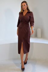 Amarie Rushed Front Split Midi Dress Brown