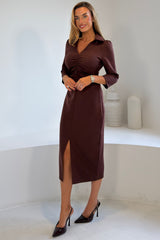 Amarie Rushed Front Split Midi Dress Brown