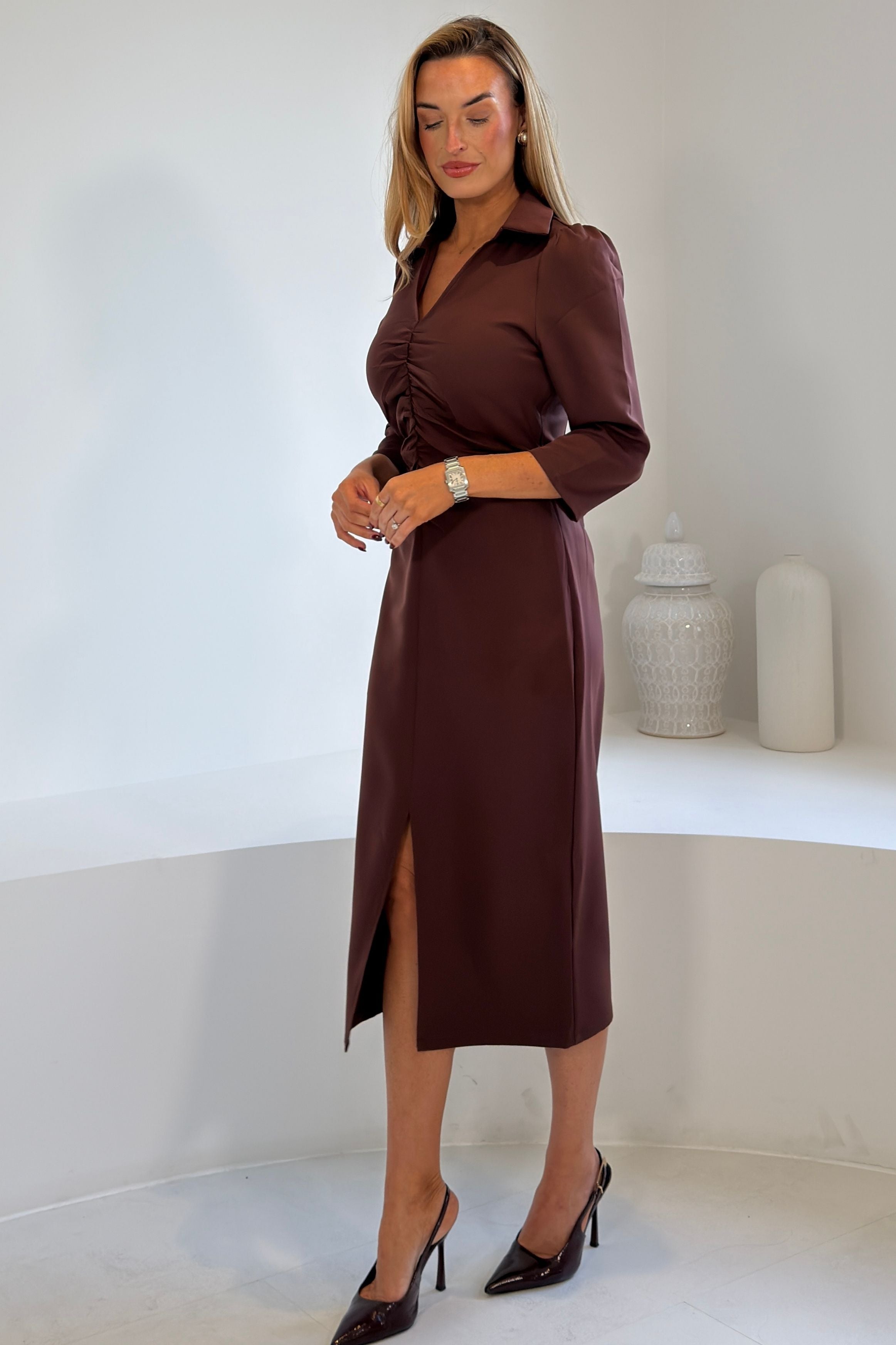 Amarie Rushed Front Split Midi Dress Brown