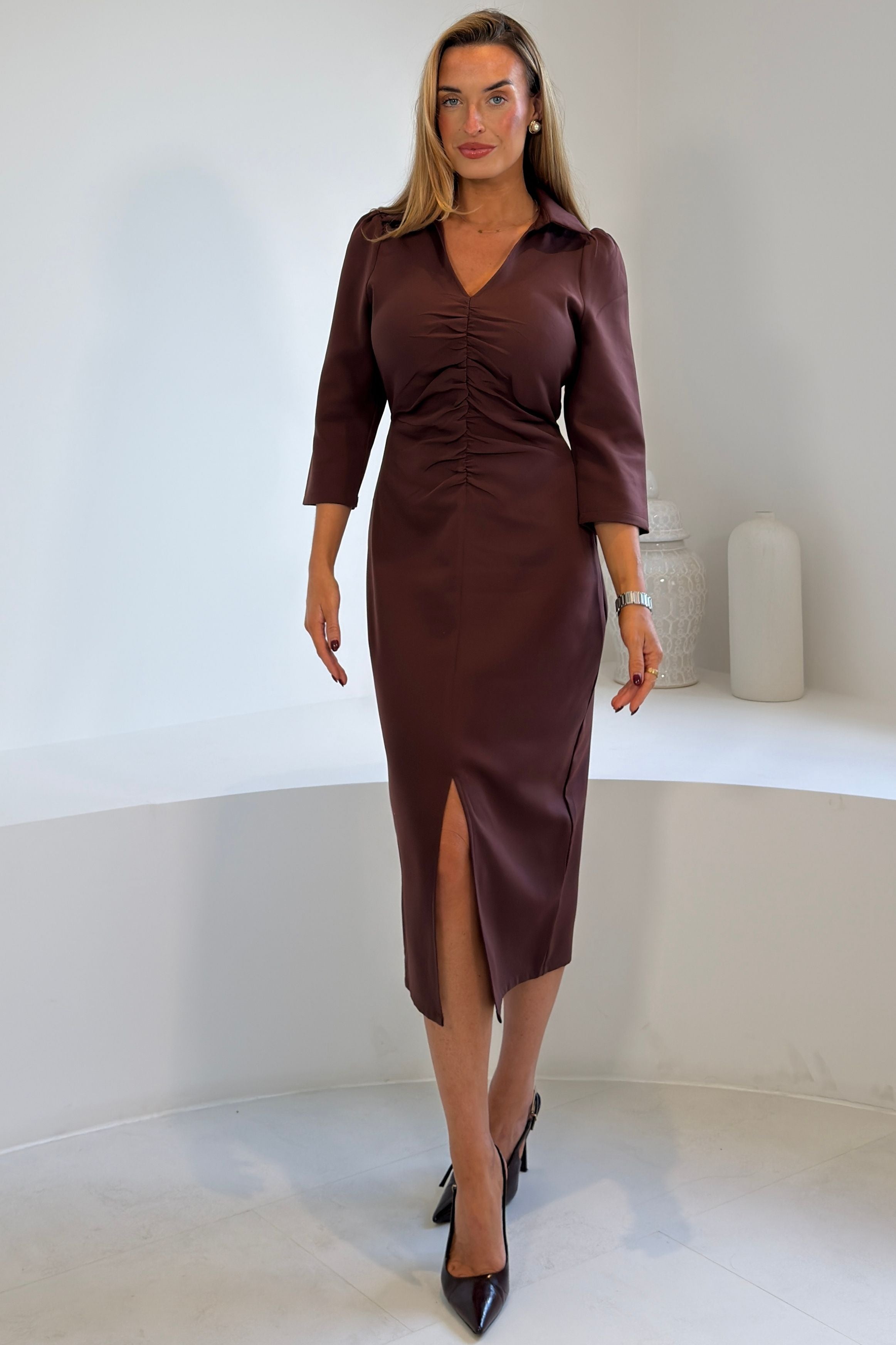 Amarie Rushed Front Split Midi Dress Brown