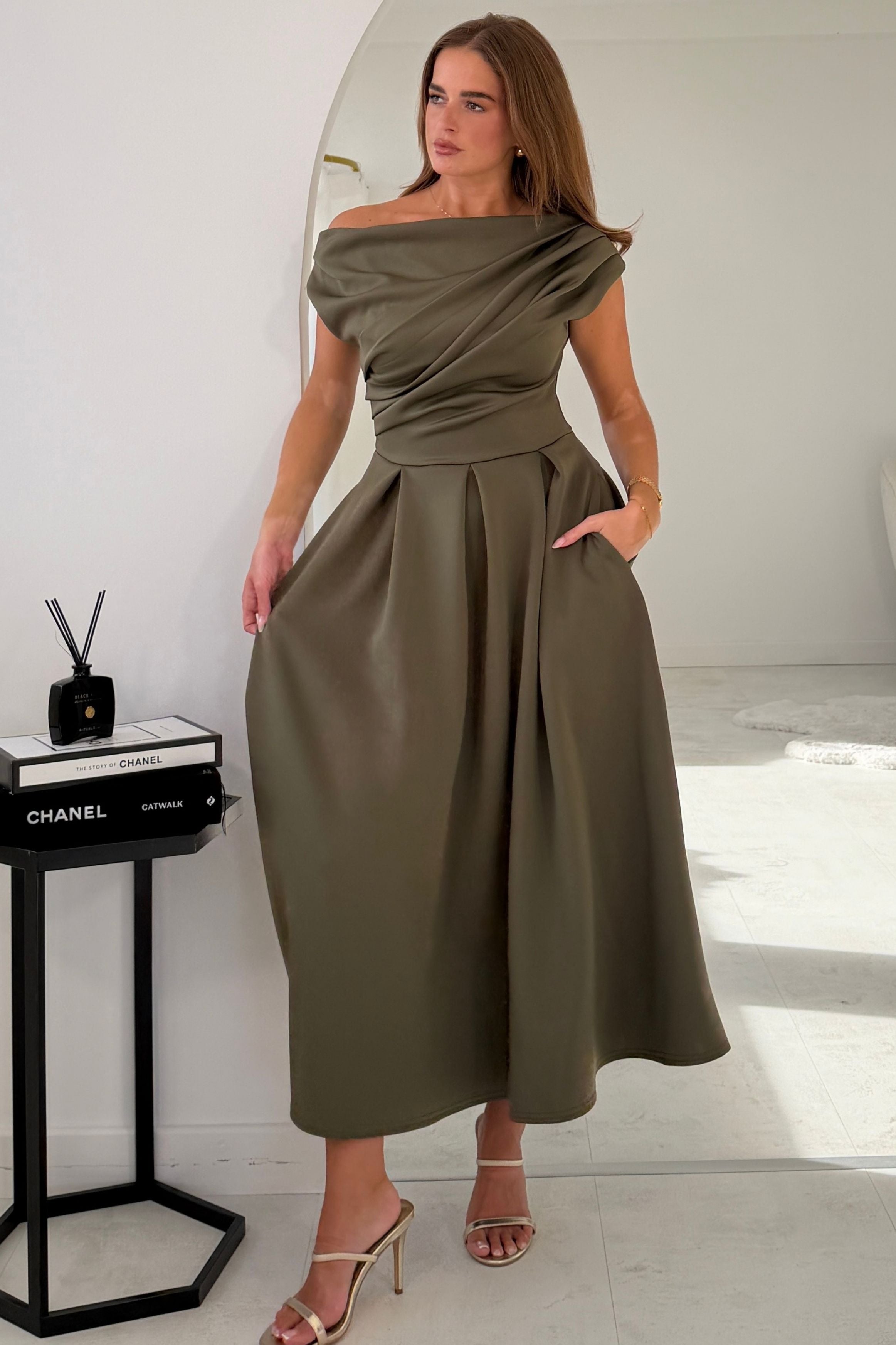 Betty Asymmetric Neckline Skater Khaki