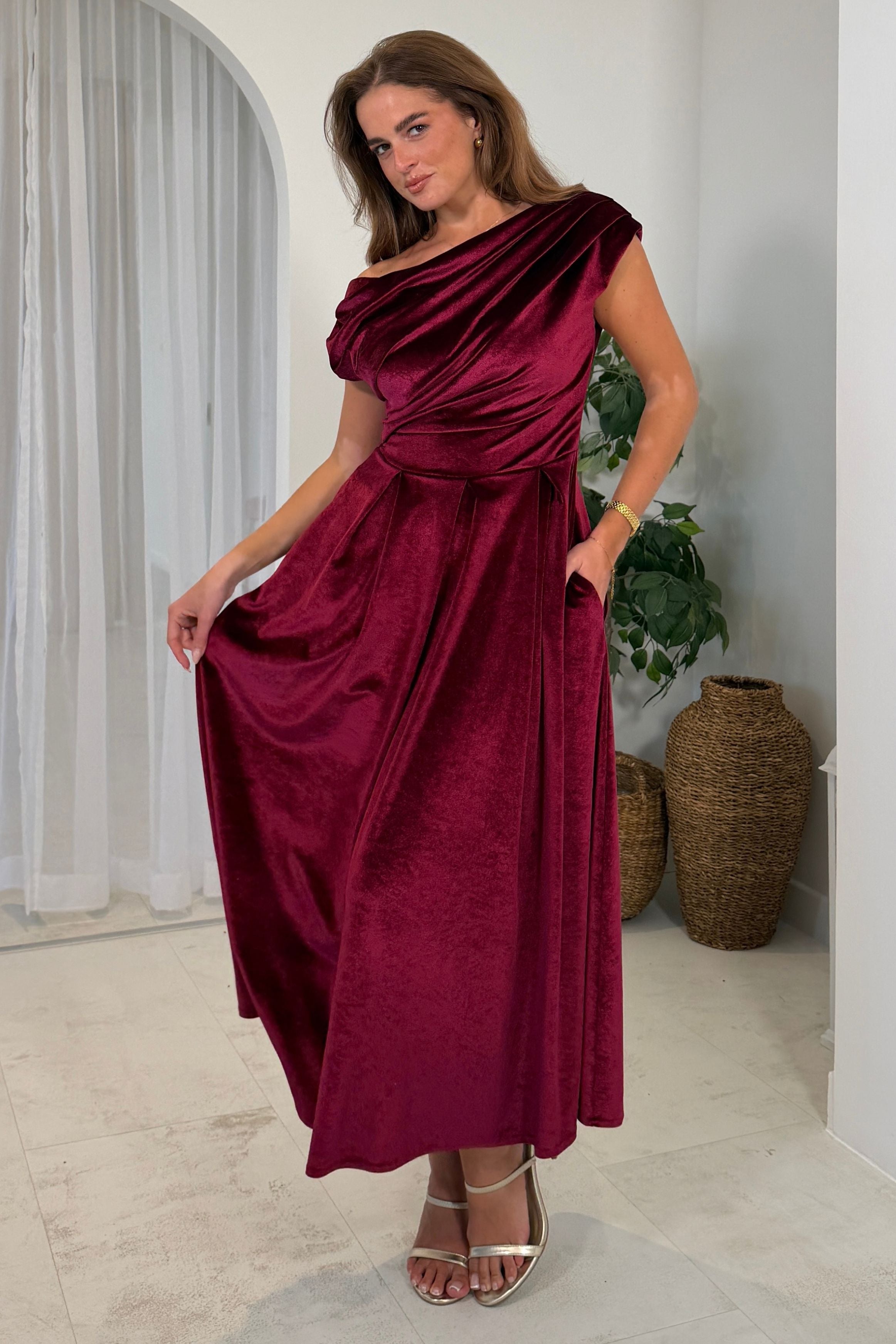 Betty Asymmetric Neckline Skater Berry Velvet