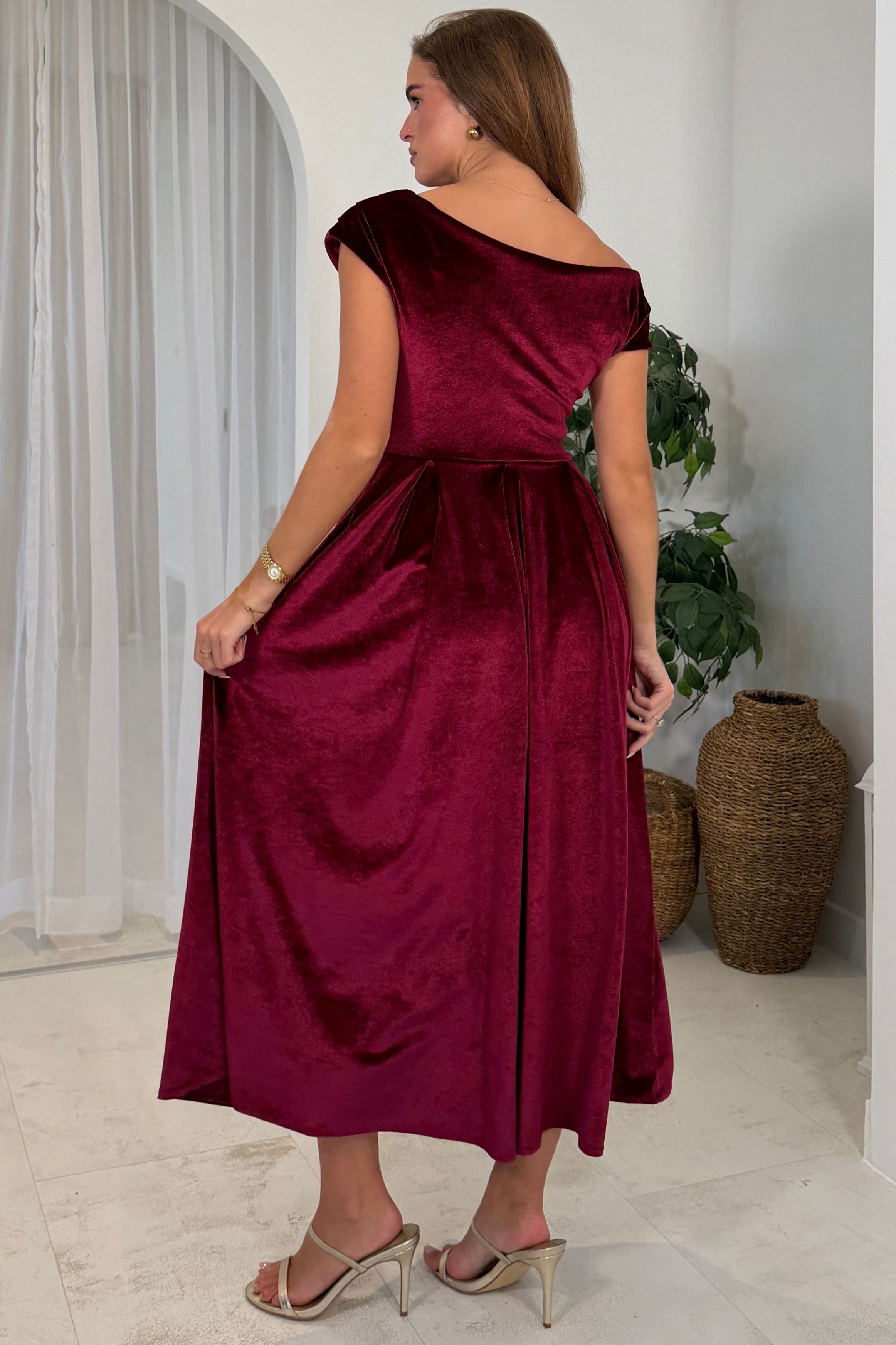 Betty Asymmetric Neckline Skater Berry Velvet