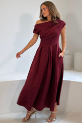 Betty Asymmetric Neckline Skater Midi Hotfix Wine