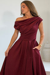 Betty Asymmetric Neckline Skater Midi Hotfix Wine
