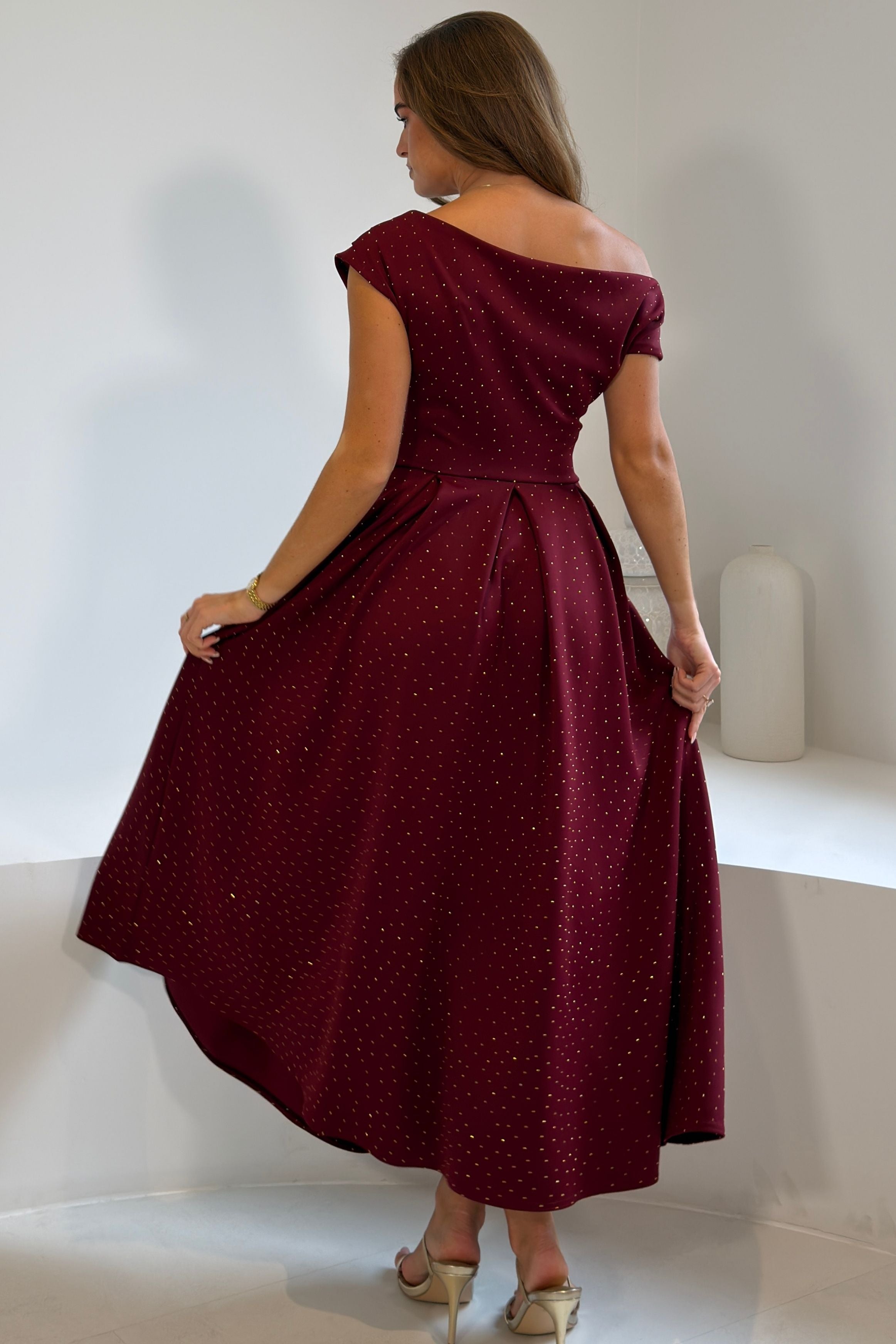 Betty Asymmetric Neckline Skater Midi Hotfix Wine