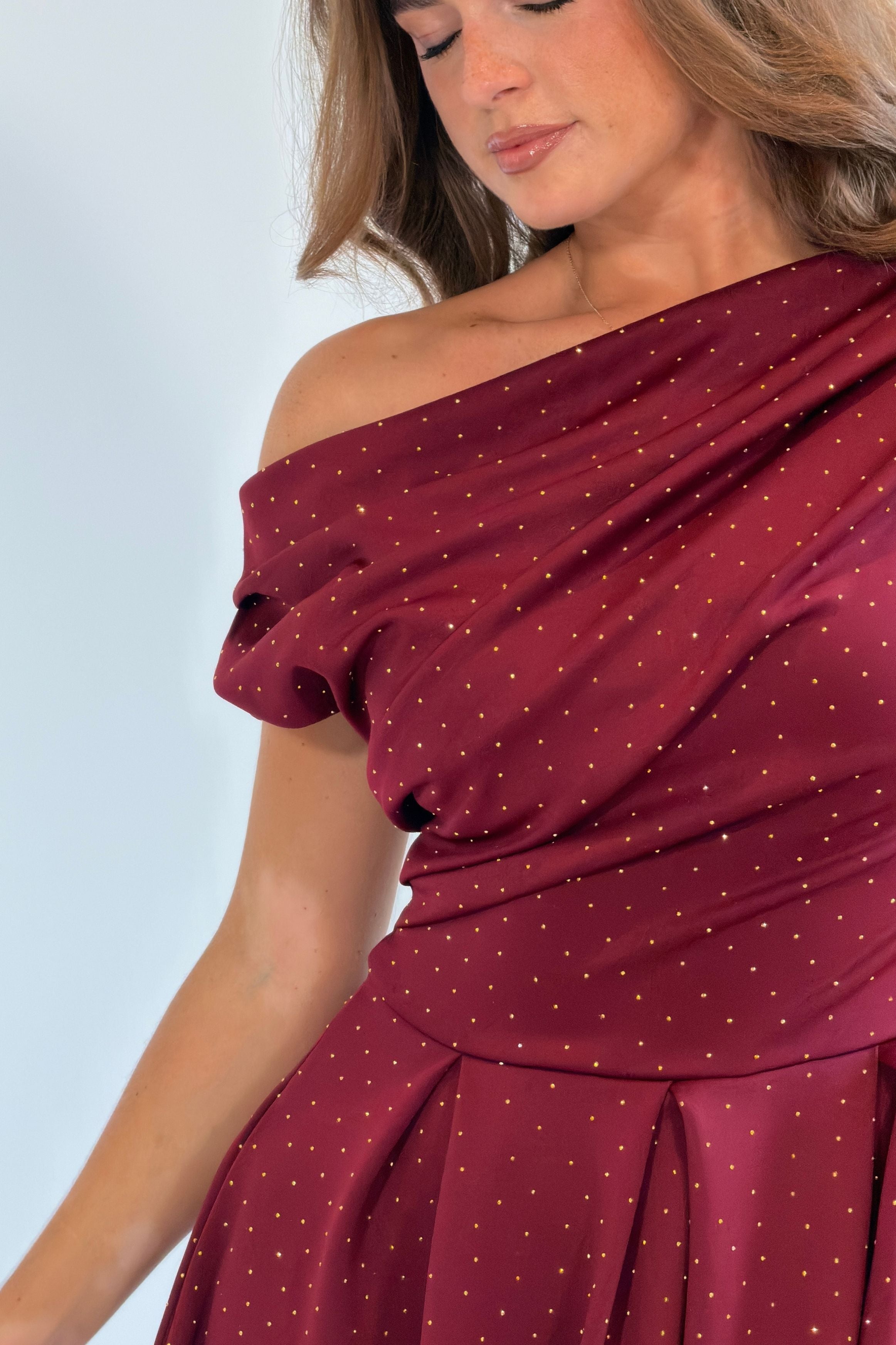 Betty Asymmetric Neckline Skater Midi Hotfix Wine
