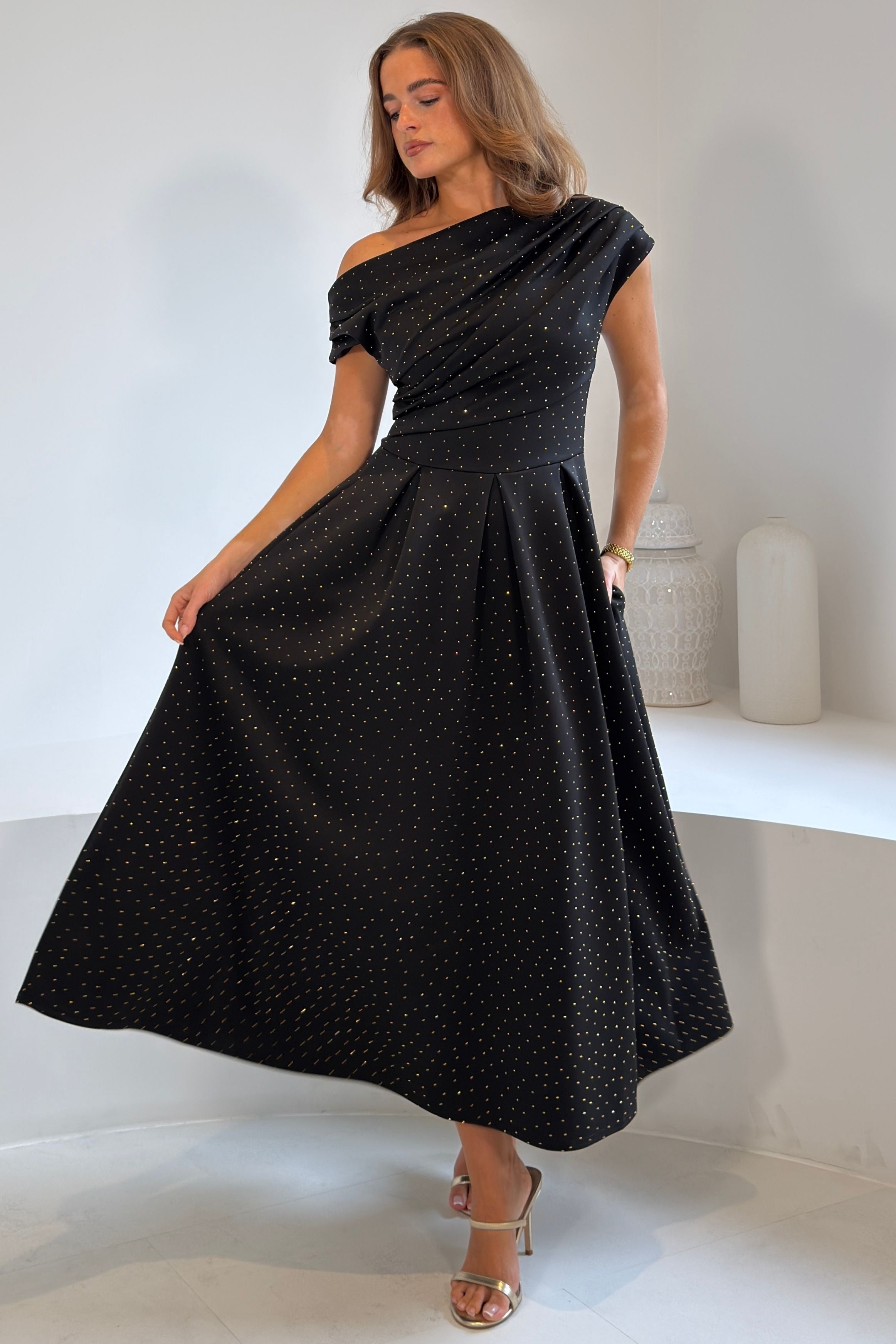 Betty Asymmetric Neckline Skater Midi Hotfix Black