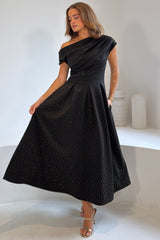 Betty Asymmetric Neckline Skater Midi Hotfix Black