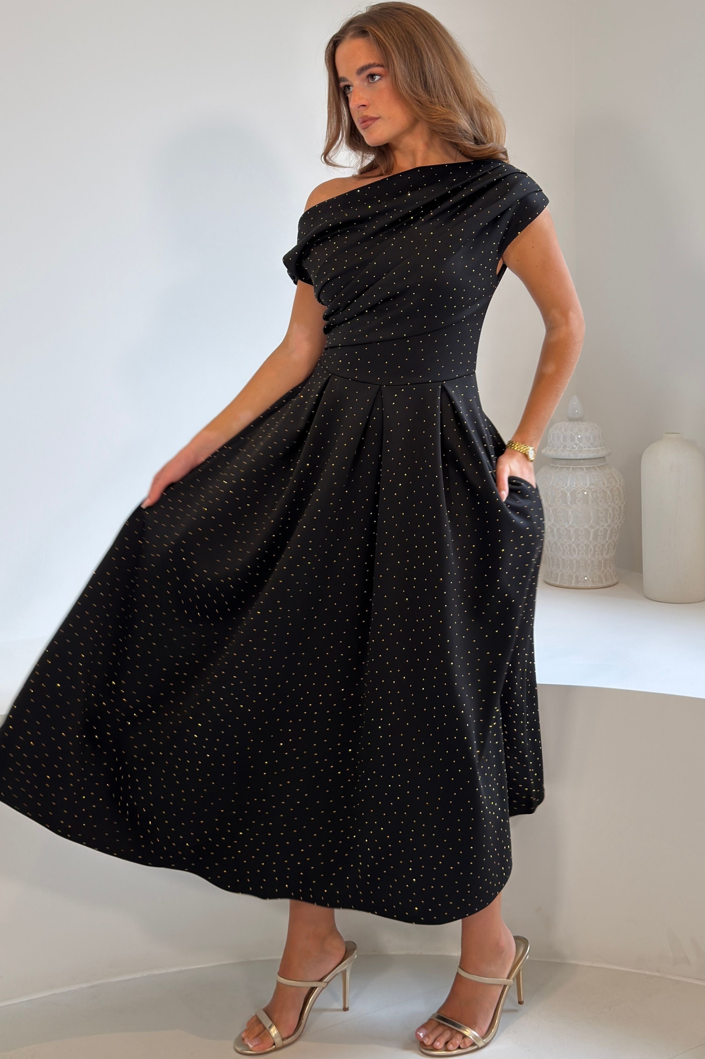 Betty Asymmetric Neckline Skater Midi Hotfix Black