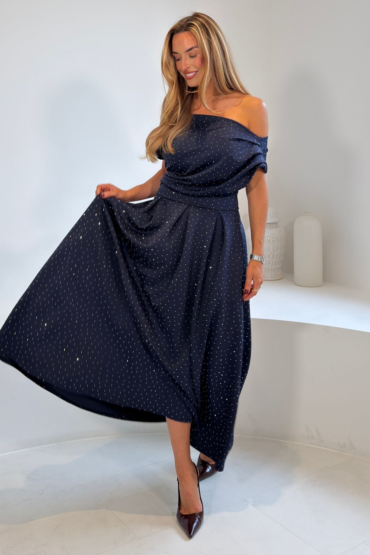 Betty Asymmetric Neckline Skater Midi Hotfix Navy