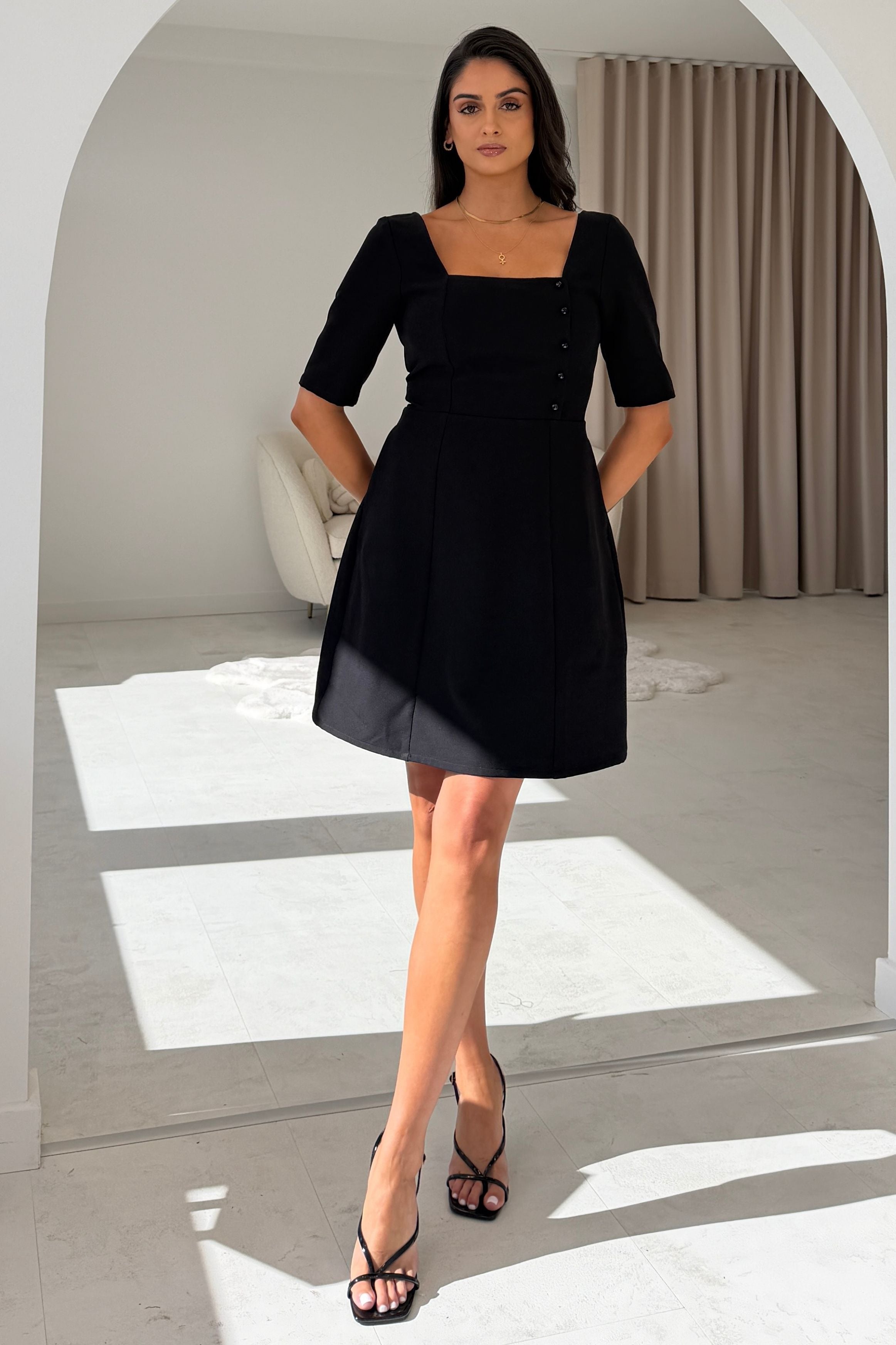 Annabelle Button Detail Mini Dress Black